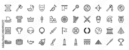 History and museum line icon set. Vector pictograms of pyramid, helmet, column, vase, sword, shield, chariot, scroll and ruins, thin linear illustration.