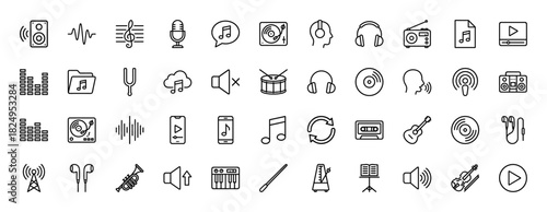 Music and audio line icon set. Vector pictograms of guitar, piano, headphones, microphone, speaker, radio, cassette, drum, vinyl and equalizer, thin linear illustration.