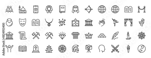 History and museum line icon set. Vector pictograms of ancient culture, pharaoh, temple, art, sword, crown, pottery, and theater, thin linear illustration.