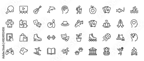 Hobbies and leisure line icon set. Vector pictograms of cinema, hiking, guitar, bowling, fishing, camping, gaming, fitness, reading, thin linear illustration.
