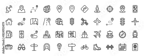 Navigation and travel line icon set. Vector pictograms of map, pin, gps, compass, globe, bus, train, plane, traffic light, bridge and passport, thin linear illustration.