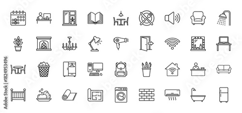 Interior design and household line icon set. Vector pictograms of furniture, appliance, armchair, lamp, window, door, kitchen, bathroom, thin linear illustration.