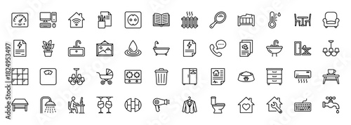 Home furniture and domestic household line icon set. Vector pictograms of bathroom, kitchen, and living space items, thin linear illustration.