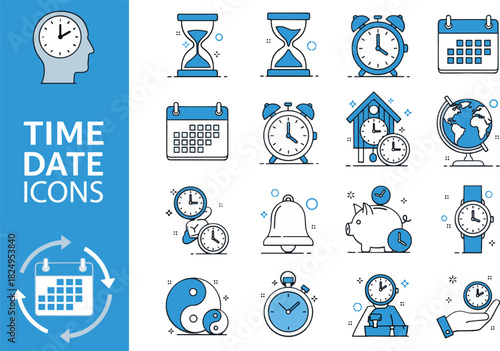 Time and Date Icon Collection in Blue and White.