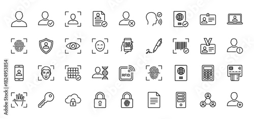 Security and authentication line icon set. Vector pictograms of fingerprint, face id, passport, rfid card, and server, thin linear illustration.