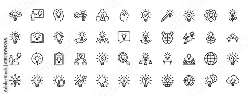 Idea and innovation line icon set. Vector pictograms of light bulb, brain, thinking head, puzzle, pencil, key, gear, target, thin linear illustration.