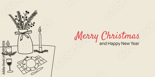 Cozy Christmas dinner illustration with hand-drawn festive table elements for invitation cards.