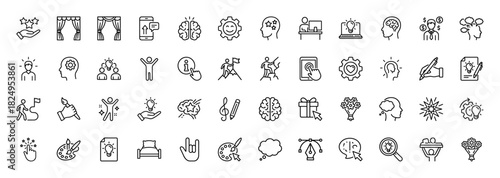 Creativity and inspiration line icon set. Vector pictograms of brain, lightbulb, art palette, success flag, thinking head, innovation. Thin linear illustration.