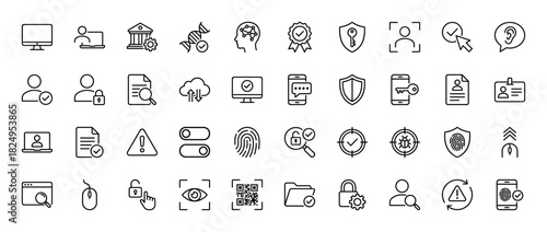 Cyber security line icon set. Vector pictograms of fingerprint, face scan, shield, padlock, cloud, dna, smartphone, key and laptop, thin linear illustration.