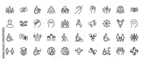 Accessibility and inclusion line icon set. Vector pictograms of wheelchair, sign language, blind, deaf, ramp, braille, gender equality and family, thin linear illustration.