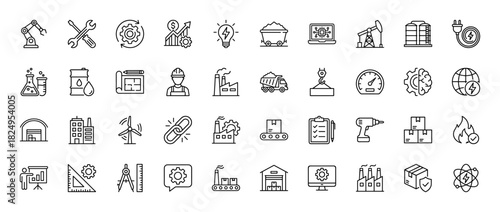 Industrial and engineering line icon set. Vector pictograms of production, factory, construction, technology, and energy, thin linear illustration.