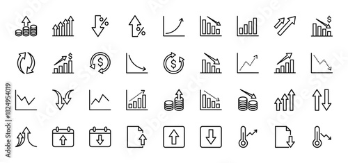 Business and finance line icon set. Vector pictograms of growth, decline, stock, money, and calendar, thin linear illustration.