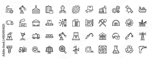 Industrial and manufacturing line icon set. Vector pictograms of forklift, factory, crane, wind turbine, and oil rig, thin linear illustration.