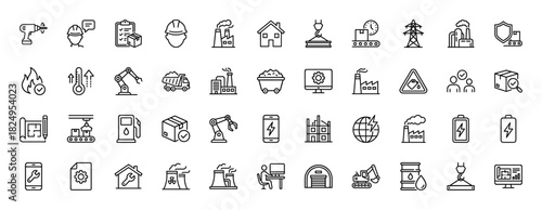 Industrial manufacturing and logistics line icon set. Vector pictograms of factory, drill, robotics, production, and energy, thin linear illustration.