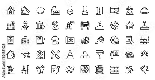 Construction and industry line icon set. Vector pictograms of crane hook, factory, hard hat, brick wall, and blueprint, thin linear illustration.