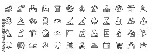 Industrial and manufacturing line icon set. Vector pictograms of factory, engineer, crane, truck, robot, mining, energy, and logistics, thin linear illustration.