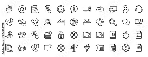 Customer support and information service line icon set. Vector pictograms of call center, headset, document, and computer, thin linear illustration.