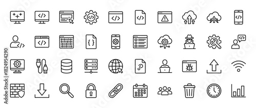 Programming and web development line icon set. Vector pictograms of coding, software, server, database, cloud, firewall, hacker and algorithm, thin linear illustration.