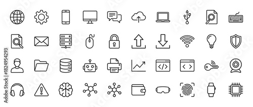 Technology line icon set. Vector pictograms of laptop, smartphone, server, cloud, robot, wifi, shield, cpu, fingerprint, wallet, thin linear illustration.