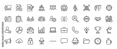 Business and human resources line icon set. Vector pictograms of team, meeting, resume, handshake, chart, laptop, briefcase, clock, trophy. Thin linear illustration.