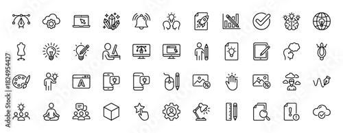 Creative design, idea generation, and development line icon set. Vector pictograms of lightbulbs, clouds, computers, and tools, thin linear illustration.