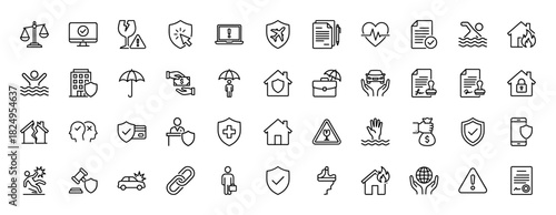 Insurance and protection line icon set. vector pictograms of car accident, house fire, health, and law, thin linear illustration.