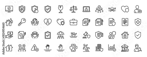 Insurance and protection line icon set. Vector pictograms of shield, car crash, house fire, and life insurance, thin linear illustration.