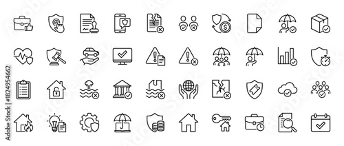 Insurance line icon set. Vector pictograms of car protection, home damage, finance, and security, thin linear illustration.