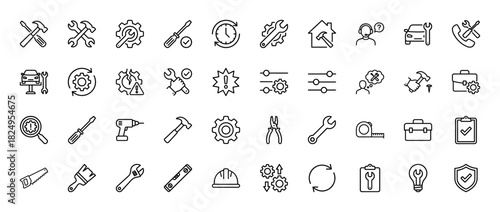 Technical repair and maintenance services line icon set. Vector pictograms of tools, settings, and automotive care, thin linear illustration.