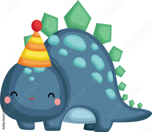A cute blue cartoon stegosaurus dinosaur wearing a colorful striped party hat and smiling.