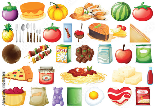 A large collection of colorful vector illustrations featuring various food items, meals, and ingredients on a white background.