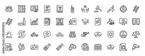 Law and justice line icon set. Vector pictograms of handcuffs, gavel, sheriff badge, thief, prison, police car, siren, gun and court documents, thin linear illustration.