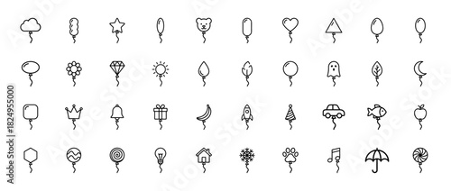 Party balloon shapes line icon set. Vector pictograms of heart, star, cloud, bear, flower, moon, rocket, car and fruit designs, thin linear illustration.