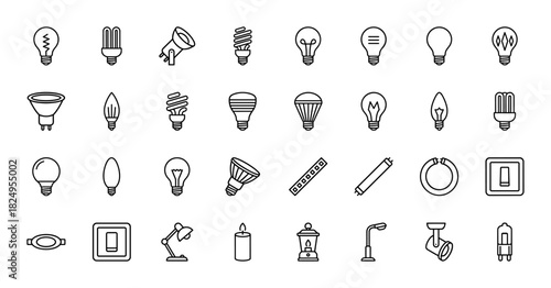 Lighting equipment line icon set. Vector pictograms of light bulb, lamp, spotlight, fluorescent tube, led strip, switch and lantern, thin linear illustration.