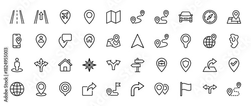 Navigation line icon set. Vector pictograms of map pin, gps route, compass, road, signpost, globe, destination marker and location pointer, thin linear illustration.