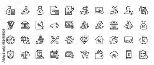 Finance and banking line icon set. Vector pictograms of money bag, credit card, calculator, and percentage, thin linear illustration.