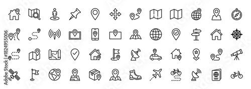 Navigation and location line icon set. Vector pictograms of map, pin, gps, compass, and travel transportation, thin linear illustration.