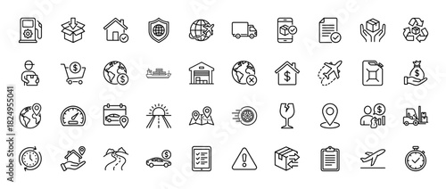 Logistics and shipping line icon set. Vector pictograms of delivery truck, warehouse, forklift, cargo ship, and insurance shield, thin linear illustration.