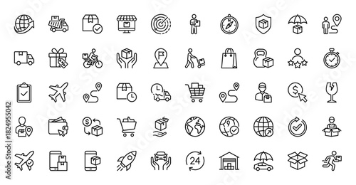 Logistics and delivery line icon set. Vector pictograms of shipping truck, parcel, warehouse, and courier, thin linear illustration.