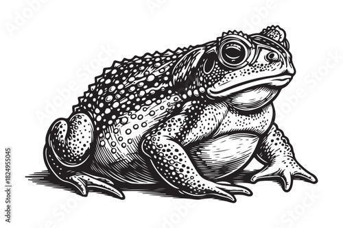 Detailed black and white illustration of a warty toad