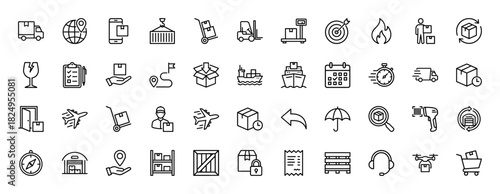 Logistics and delivery line icon set. Vector pictograms of shipping, warehouse, tracking, and transport, thin linear illustration.