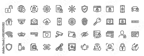 Cyber security and data protection line icon set. Vector pictograms of shield, lock, password, vpn, and server, thin linear illustration.