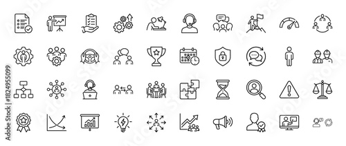 Business management and human resources line icon set. vector pictograms of teamwork, strategy, performance, and communication, thin linear illustration.
