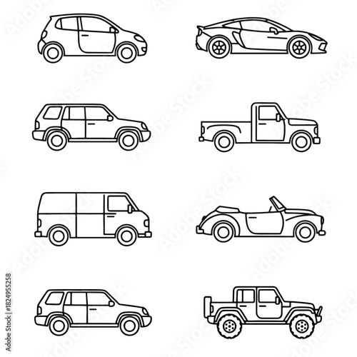 Cars Lineart Vector Icons Set – Minimal Car, SUV, Van, Pickup & Convertible Outline Illustrations