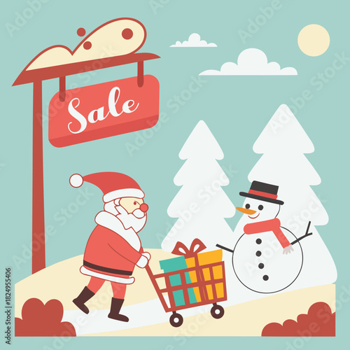 Christmas sale shopping banner with Santa snowman gift and winter landscape for holiday promotion poster header and online advertising design .