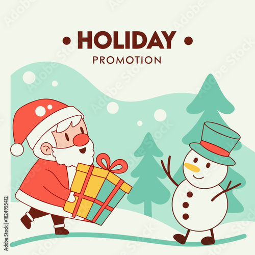Christmas sale shopping banner with Santa snowman gift and winter landscape for holiday promotion poster header and online advertising design .