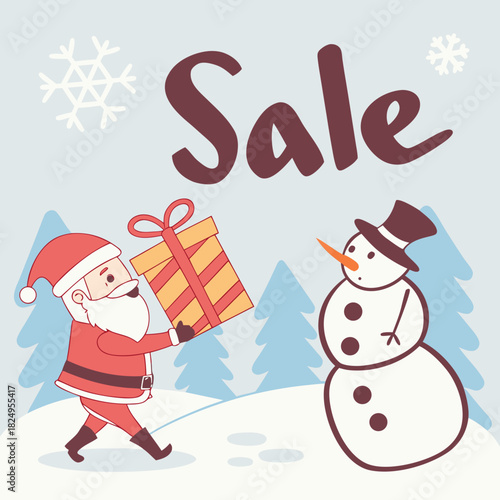Christmas sale shopping banner with Santa snowman gift and winter landscape for holiday promotion poster header and online advertising design .