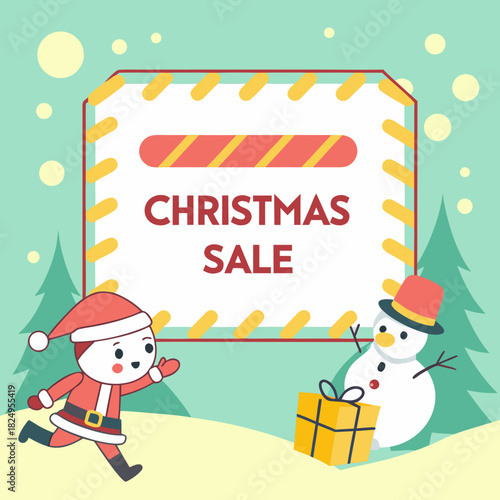 Christmas sale shopping banner with Santa snowman gift and winter landscape for holiday promotion poster header and online advertising design .