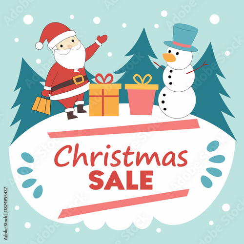 Christmas sale shopping banner with Santa snowman gift and winter landscape for holiday promotion poster header and online advertising design .