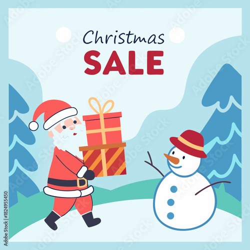 Christmas sale shopping banner with Santa snowman gift and winter landscape for holiday promotion poster header and online advertising design .